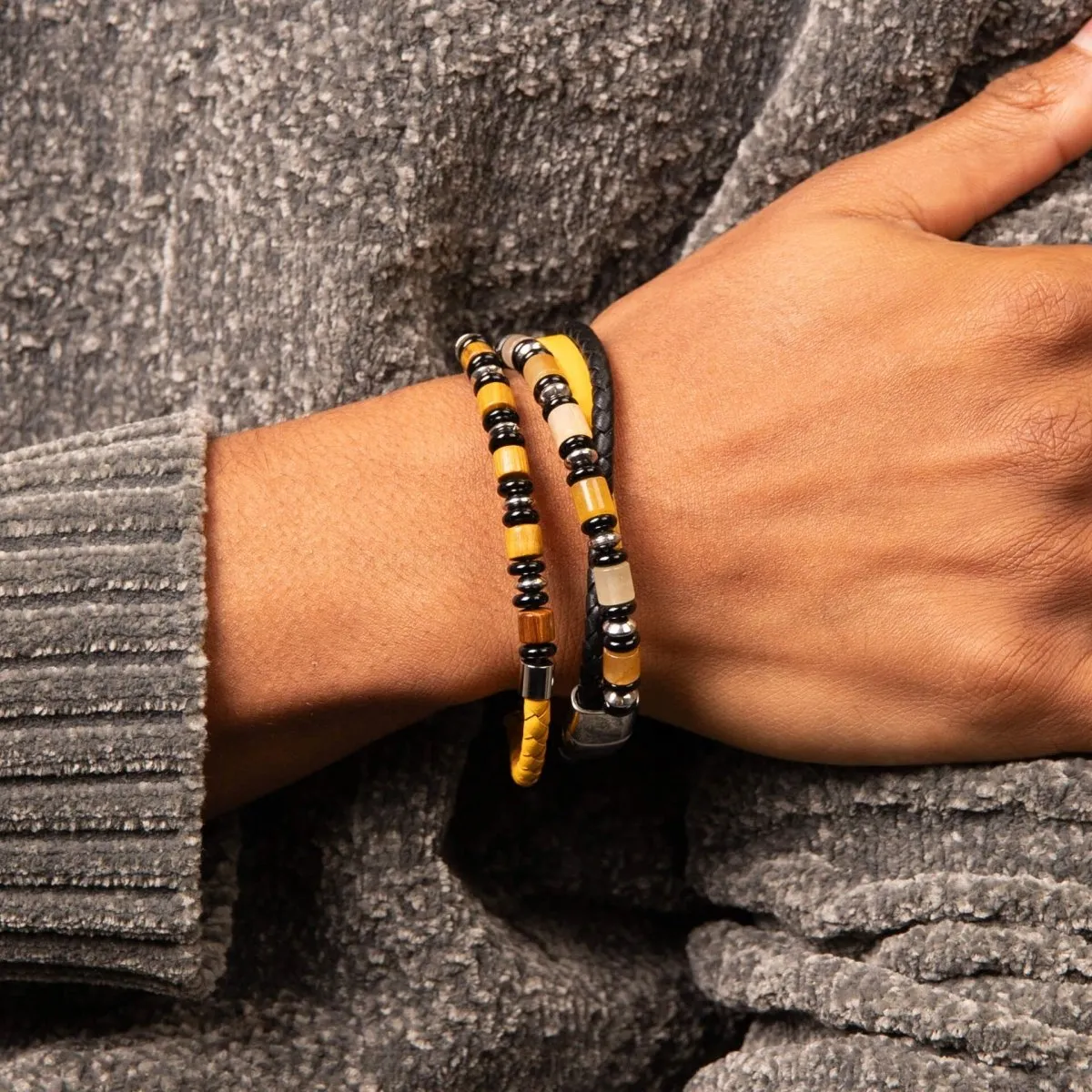 Multi Layered Leather Bracelet with Wood and Black Onyx Beads