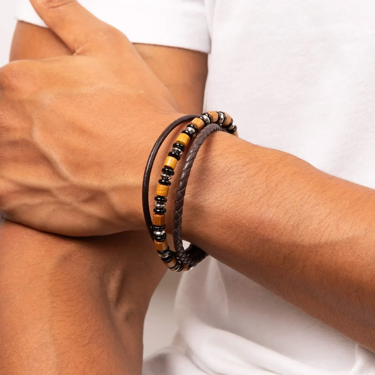 Multi Layered Leather Bracelet with Wood and Black Onyx Beads