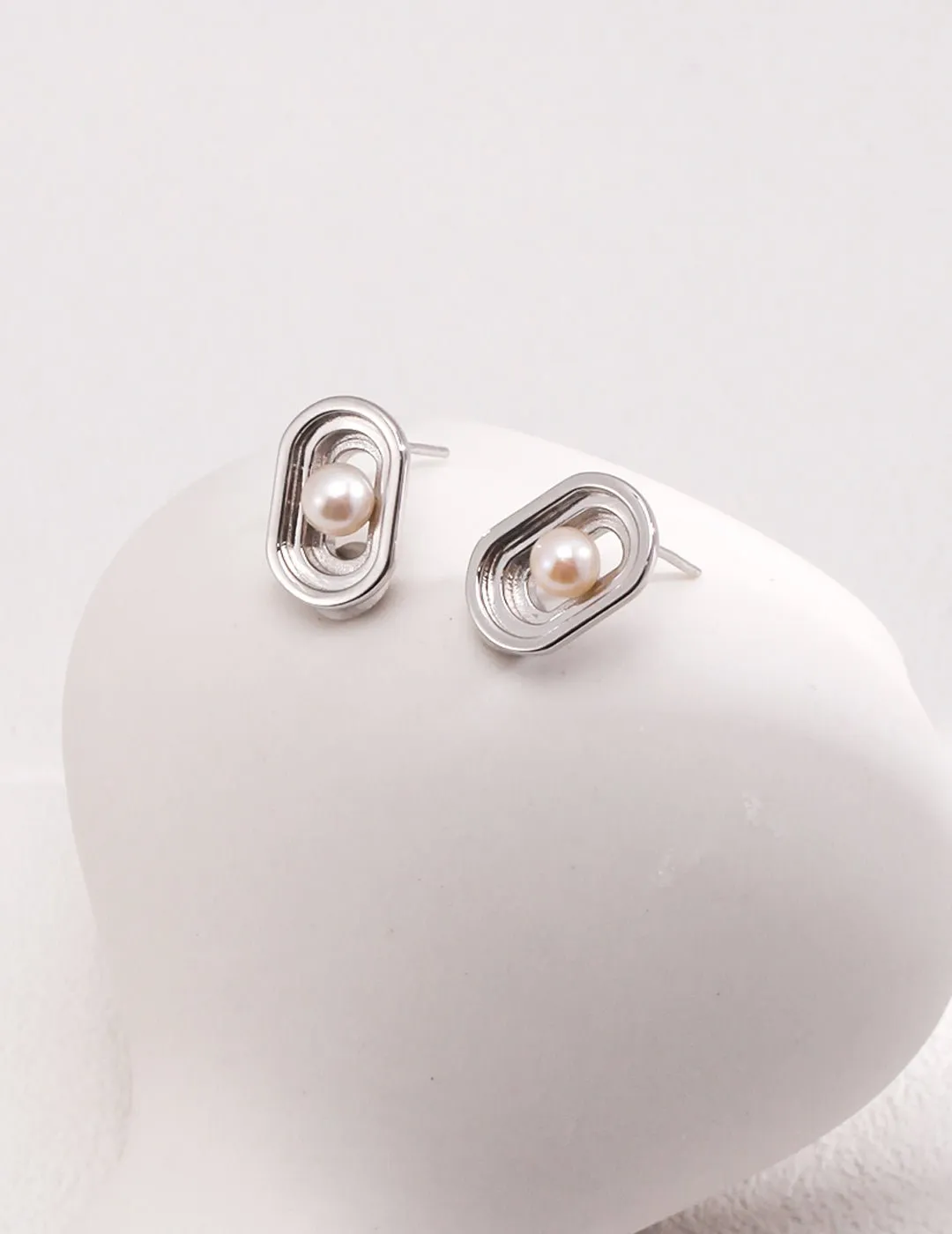 Oval Hollow Pearl Stud Earring