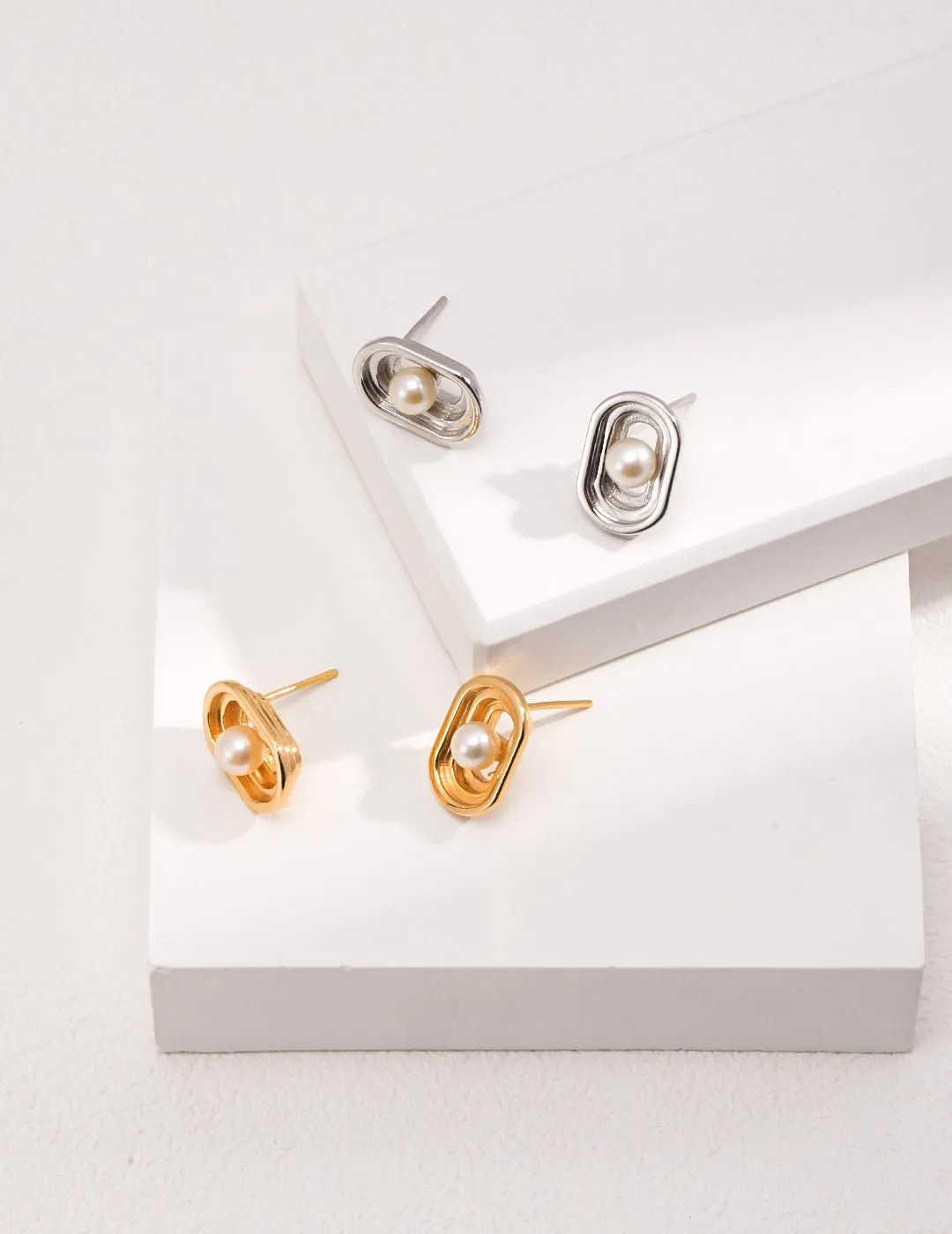 Oval Hollow Pearl Stud Earring