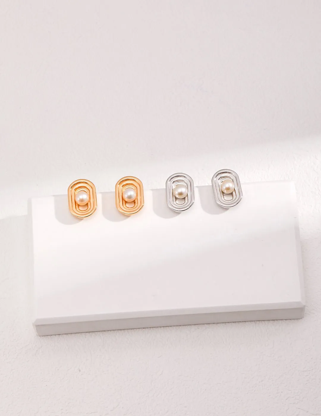 Oval Hollow Pearl Stud Earring