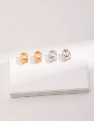 Oval Hollow Pearl Stud Earring