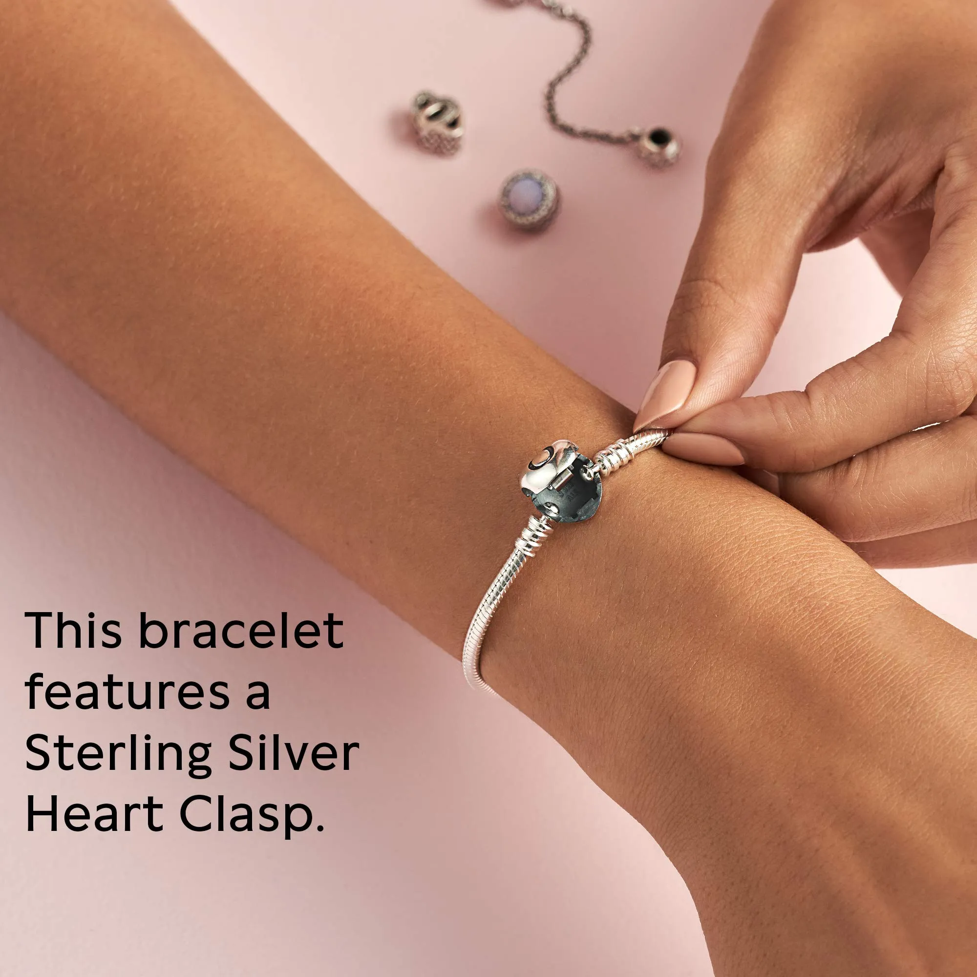 PANDORA Moments Heart Clasp Snake Chain Bracelet - Sterling Silver Charm Bracelet - Compatible Moments Charms - Sterling Silver - Comes with Gift Box - 7.1"