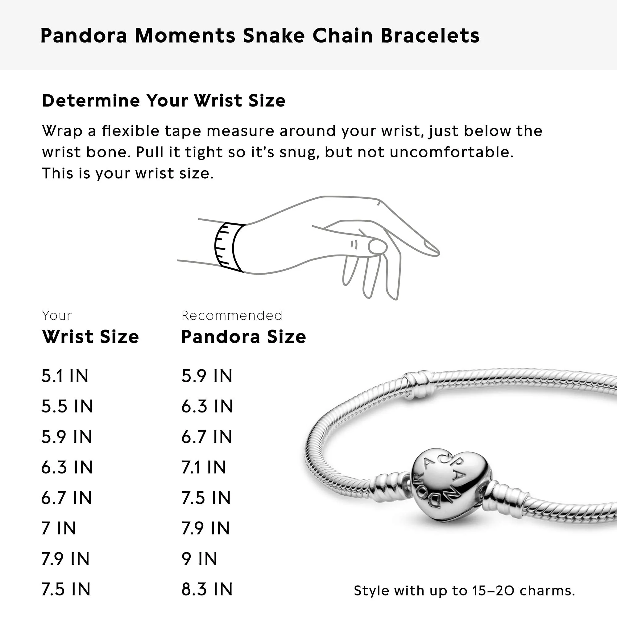 PANDORA Moments Heart Clasp Snake Chain Bracelet - Sterling Silver Charm Bracelet - Compatible Moments Charms - Sterling Silver - Comes with Gift Box - 7.1"