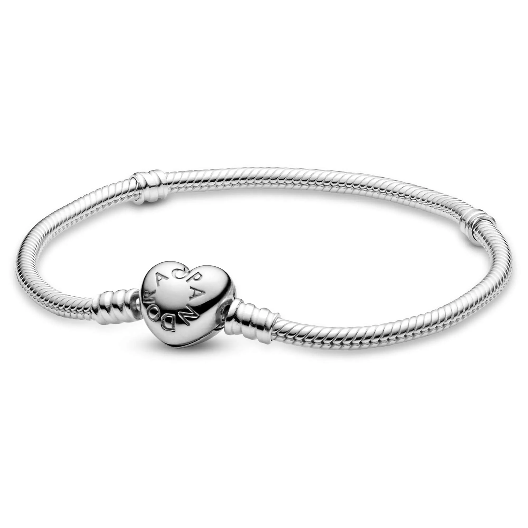 PANDORA Moments Heart Clasp Snake Chain Bracelet - Sterling Silver Charm Bracelet - Compatible Moments Charms - Sterling Silver - Comes with Gift Box - 7.1"