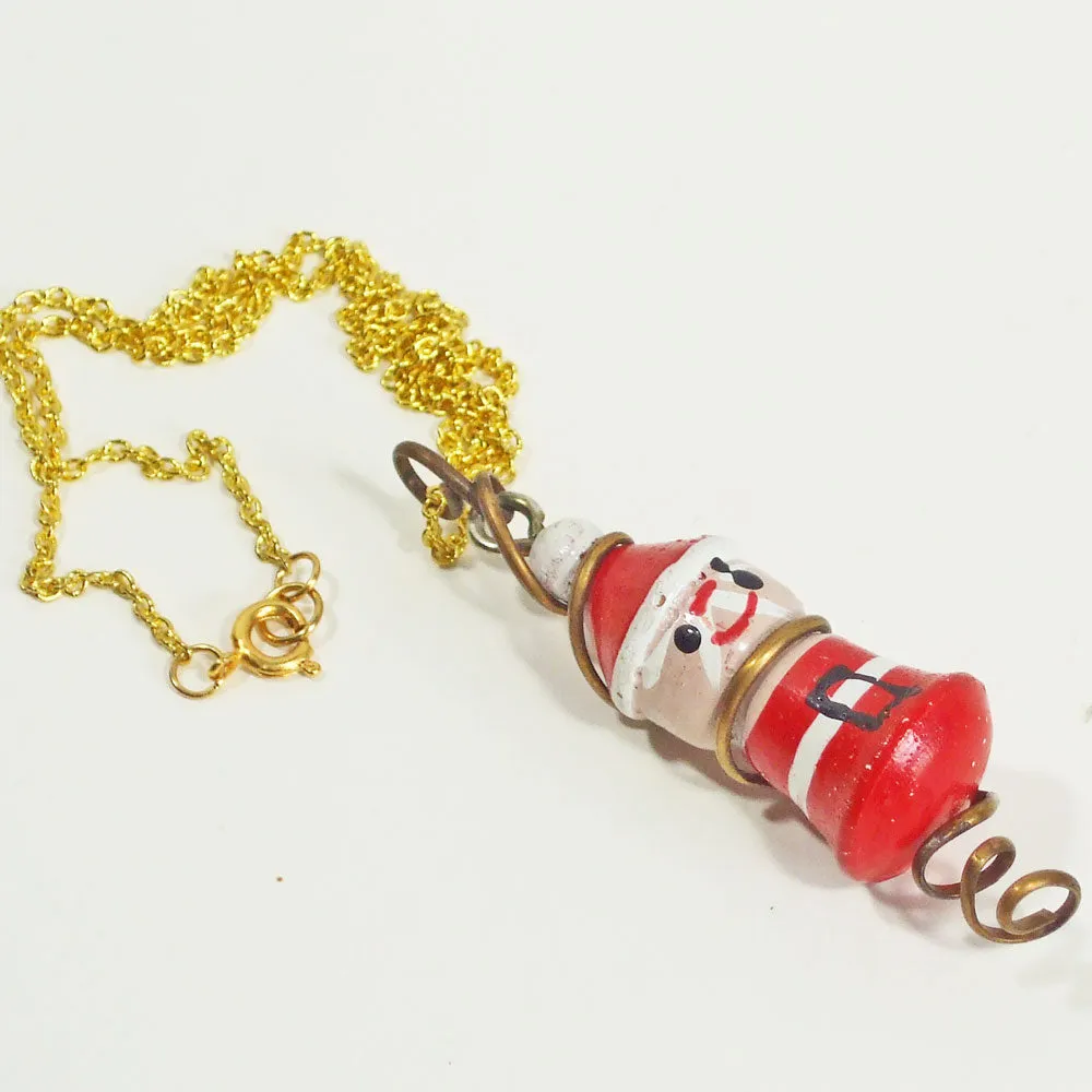 Panyin, Christmas Santa, Wood Doll Charm, Pendant, Necklace