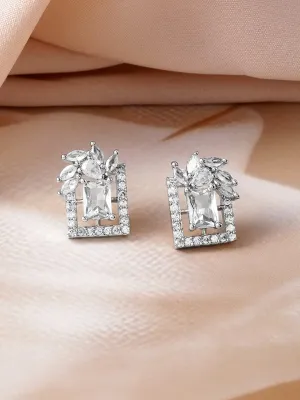 Rhodium Plated White Cubic Zirconia Studded Geometric Stud Earrings