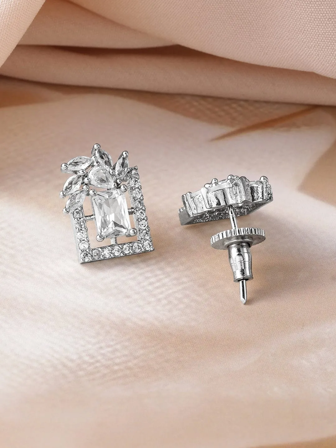 Rhodium Plated White Cubic Zirconia Studded Geometric Stud Earrings