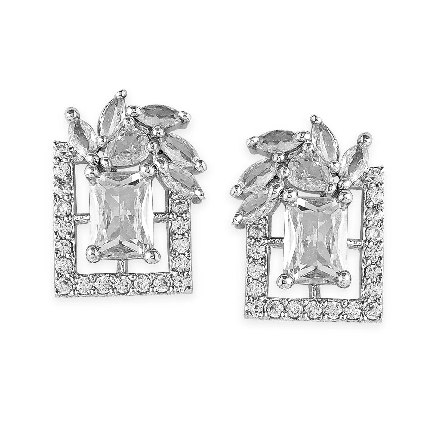 Rhodium Plated White Cubic Zirconia Studded Geometric Stud Earrings