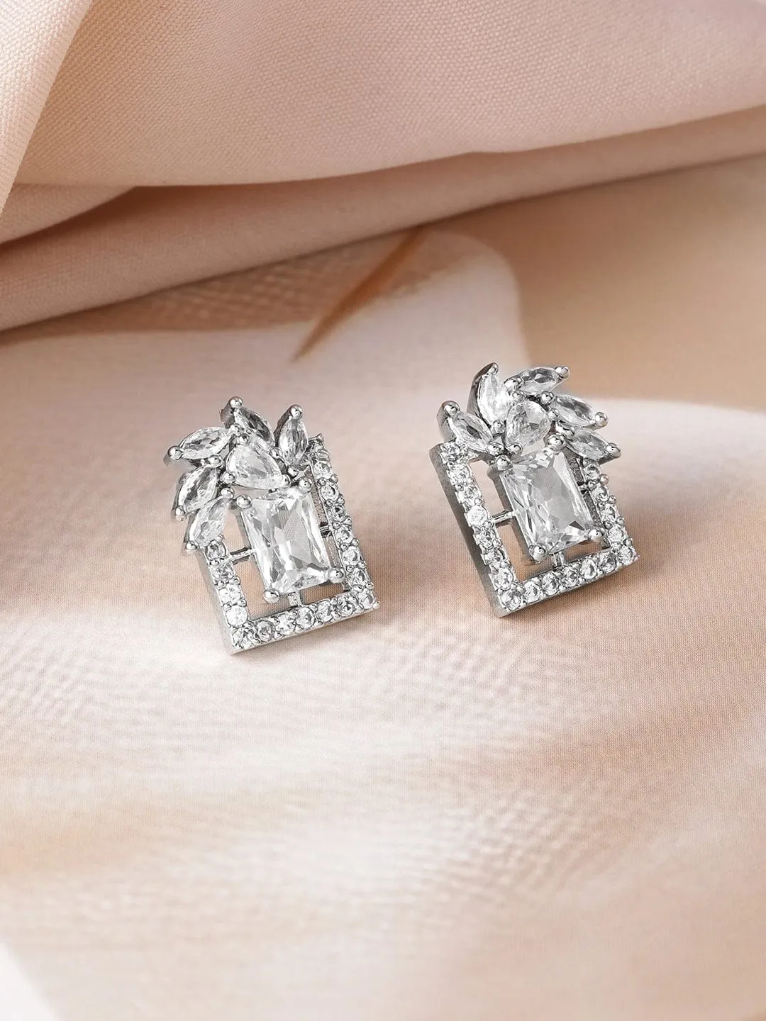 Rhodium Plated White Cubic Zirconia Studded Geometric Stud Earrings