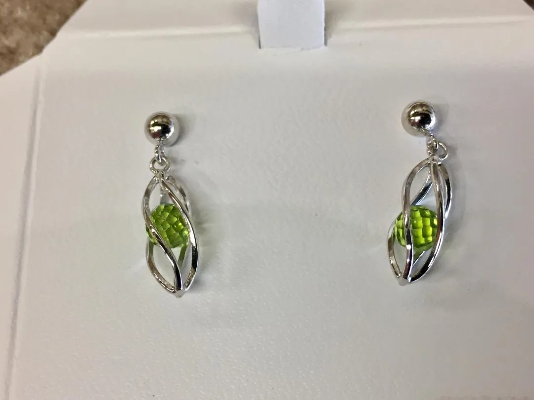 Silver Caged Peridot Dangle Earrings