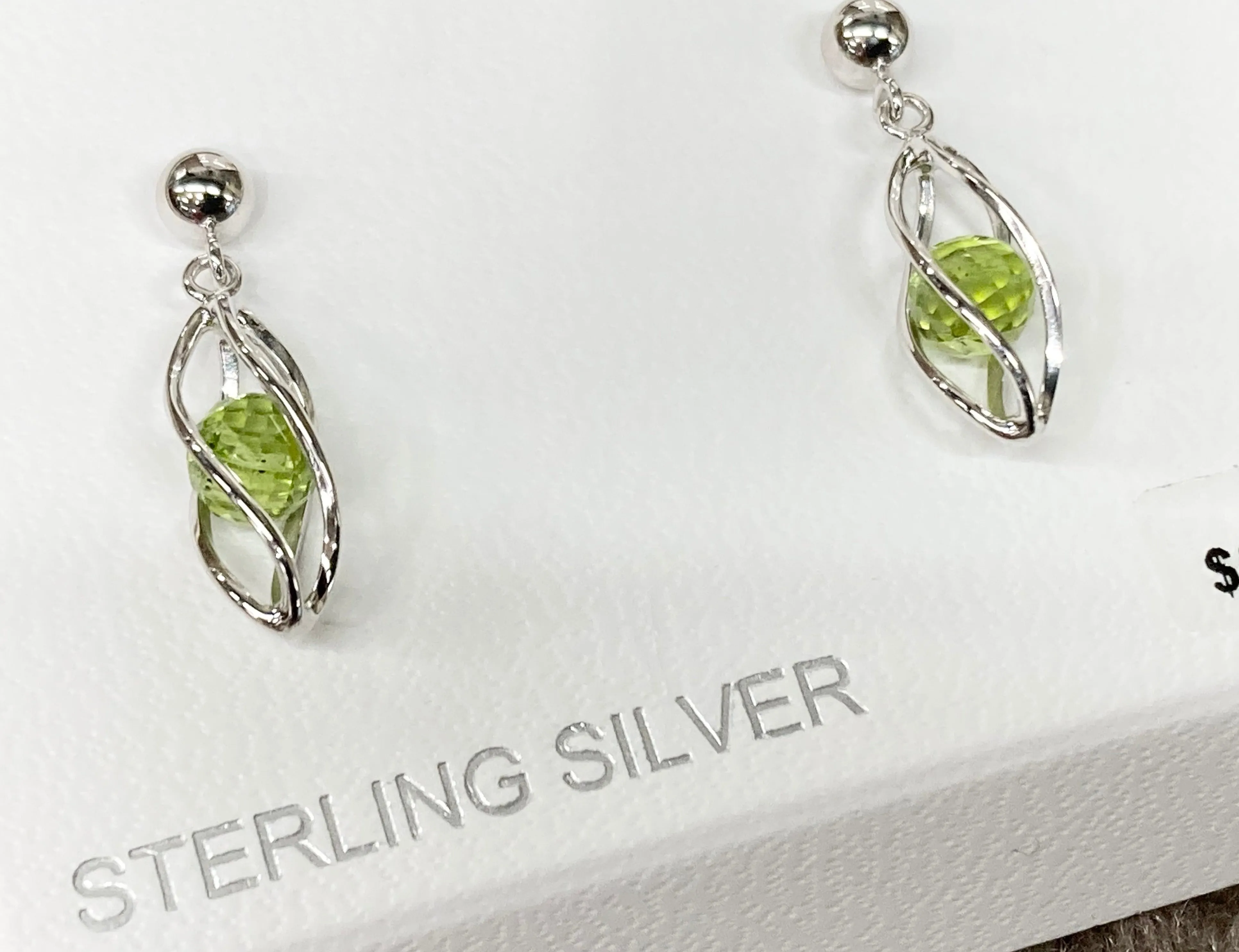 Silver Caged Peridot Dangle Earrings
