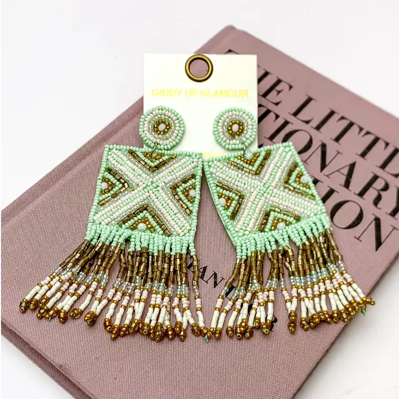 Square Beaded Dangle Earrings in Mint Green