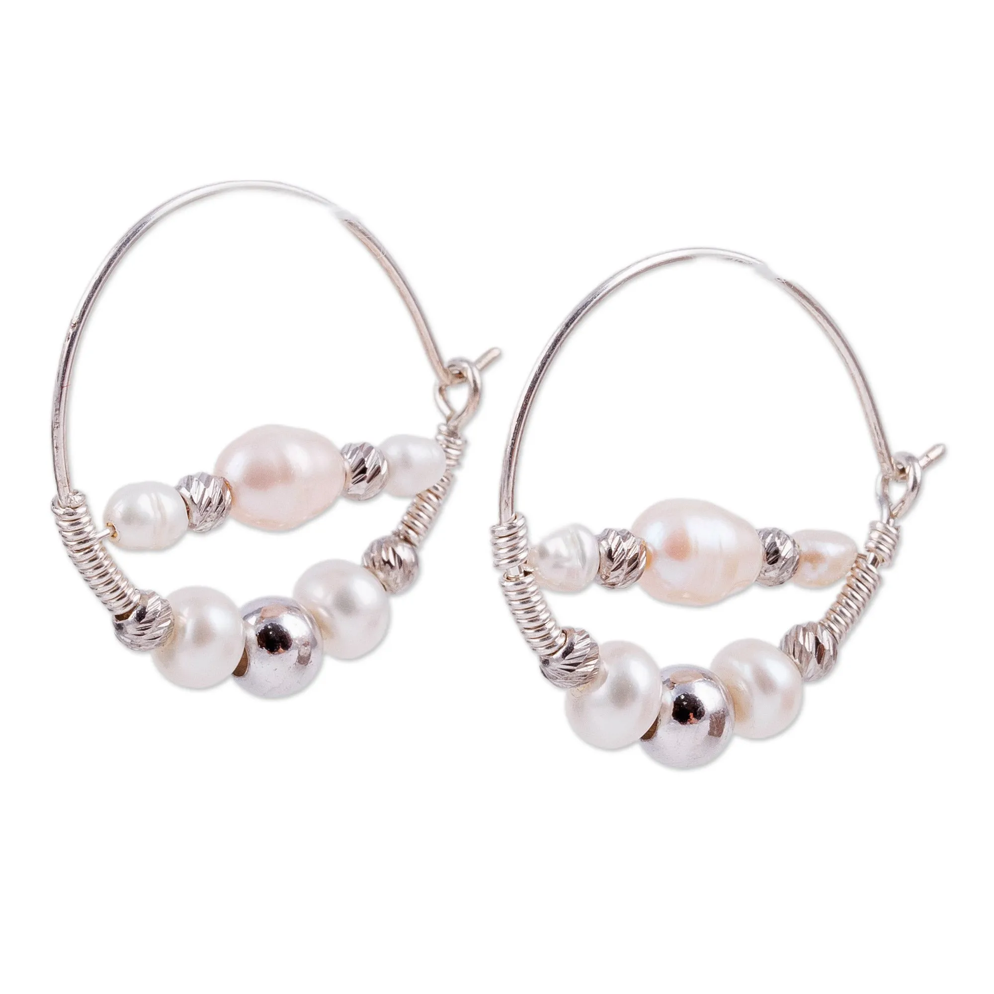 Sterling Silver and Cultured Pearl Beaded Hoop Earrings - Sophisticated Me | NOVICA