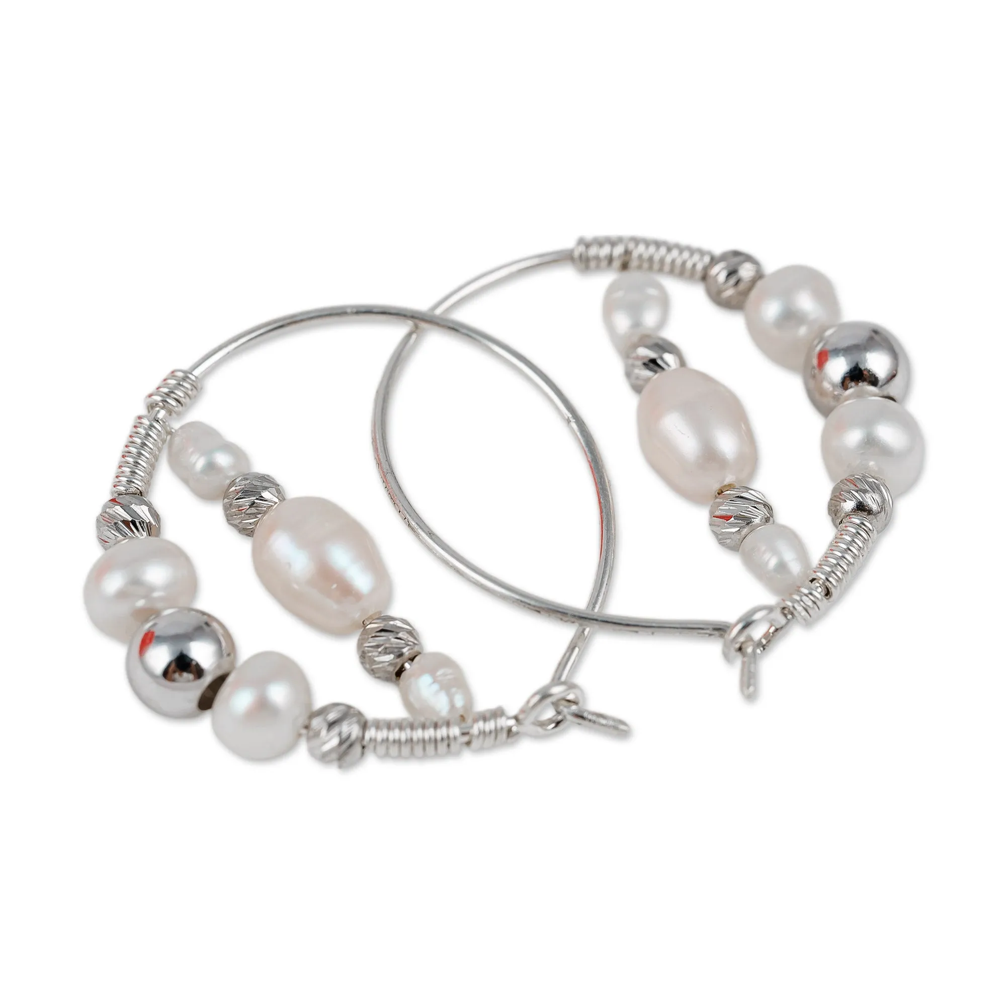 Sterling Silver and Cultured Pearl Beaded Hoop Earrings - Sophisticated Me | NOVICA