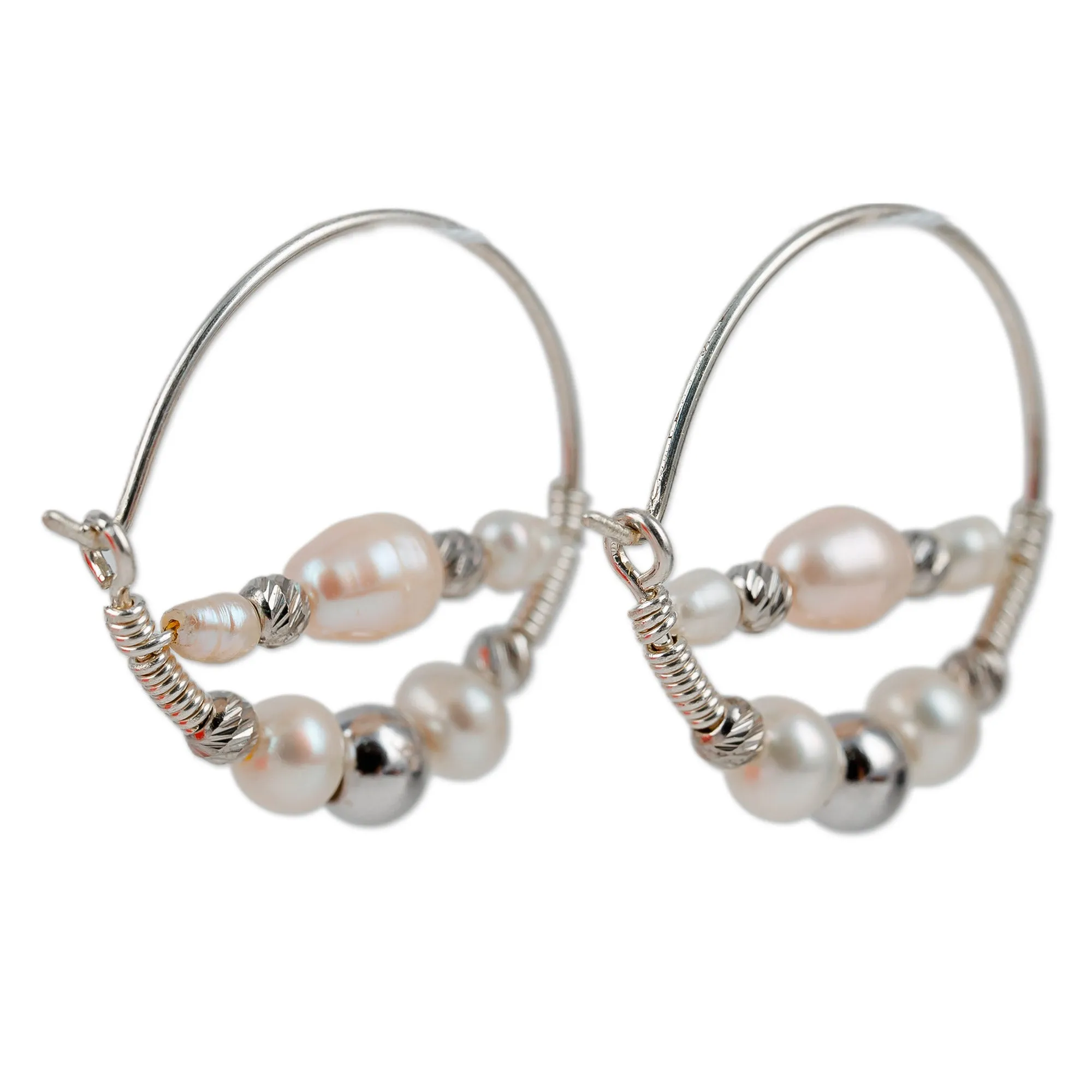 Sterling Silver and Cultured Pearl Beaded Hoop Earrings - Sophisticated Me | NOVICA