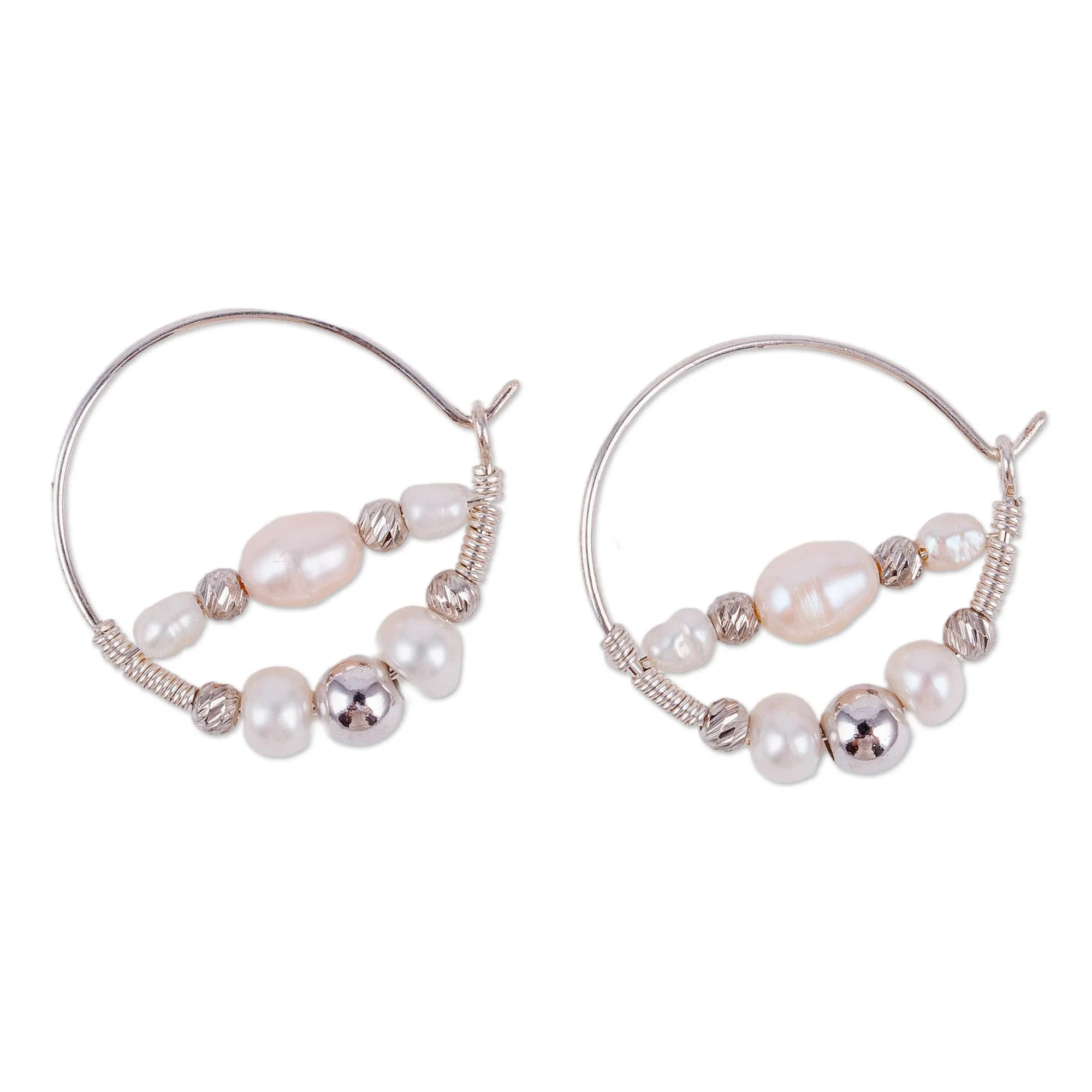 Sterling Silver and Cultured Pearl Beaded Hoop Earrings - Sophisticated Me | NOVICA