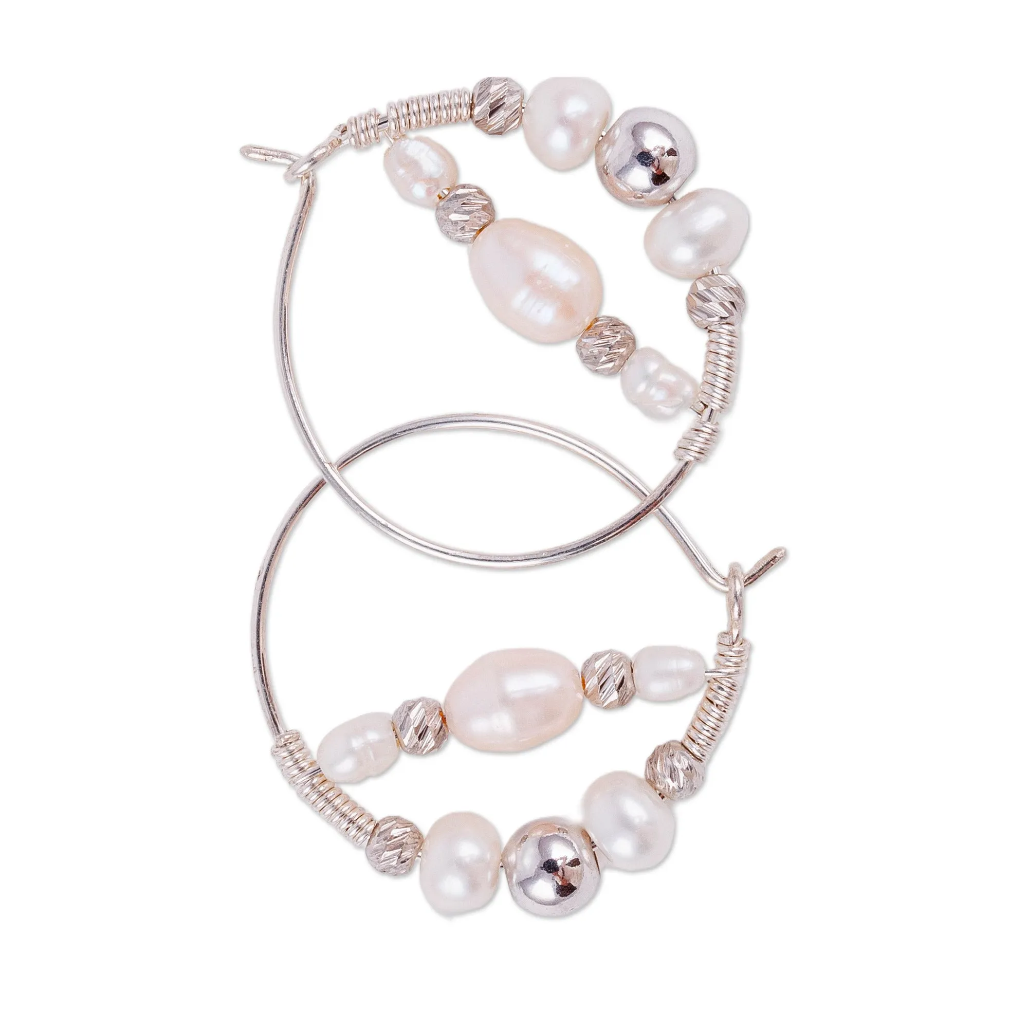 Sterling Silver and Cultured Pearl Beaded Hoop Earrings - Sophisticated Me | NOVICA