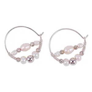 Sterling Silver and Cultured Pearl Beaded Hoop Earrings - Sophisticated Me | NOVICA