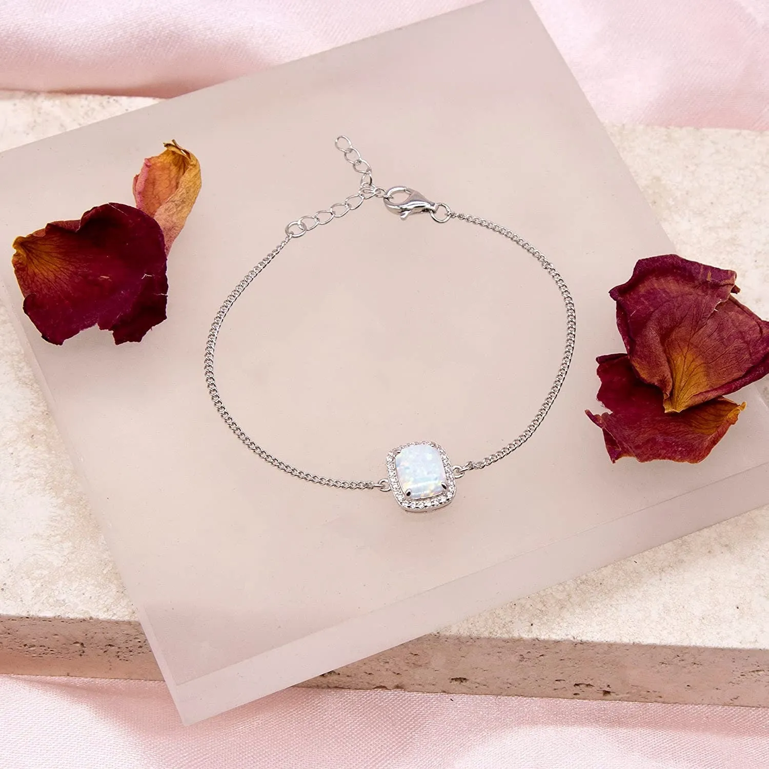 Sterling Silver Opal Halo Bracelet, 12mm Crystal Halo, 7.5" Length, Fashionable Women's Jewellery, Gift Box Included