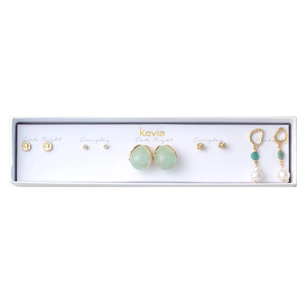 Teal Resin Chunky Hoop & Pearl Earring Set