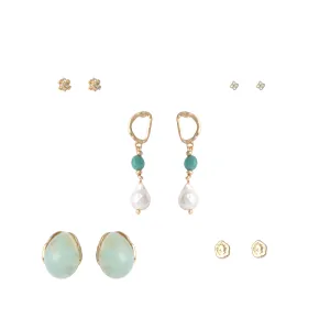 Teal Resin Chunky Hoop & Pearl Earring Set