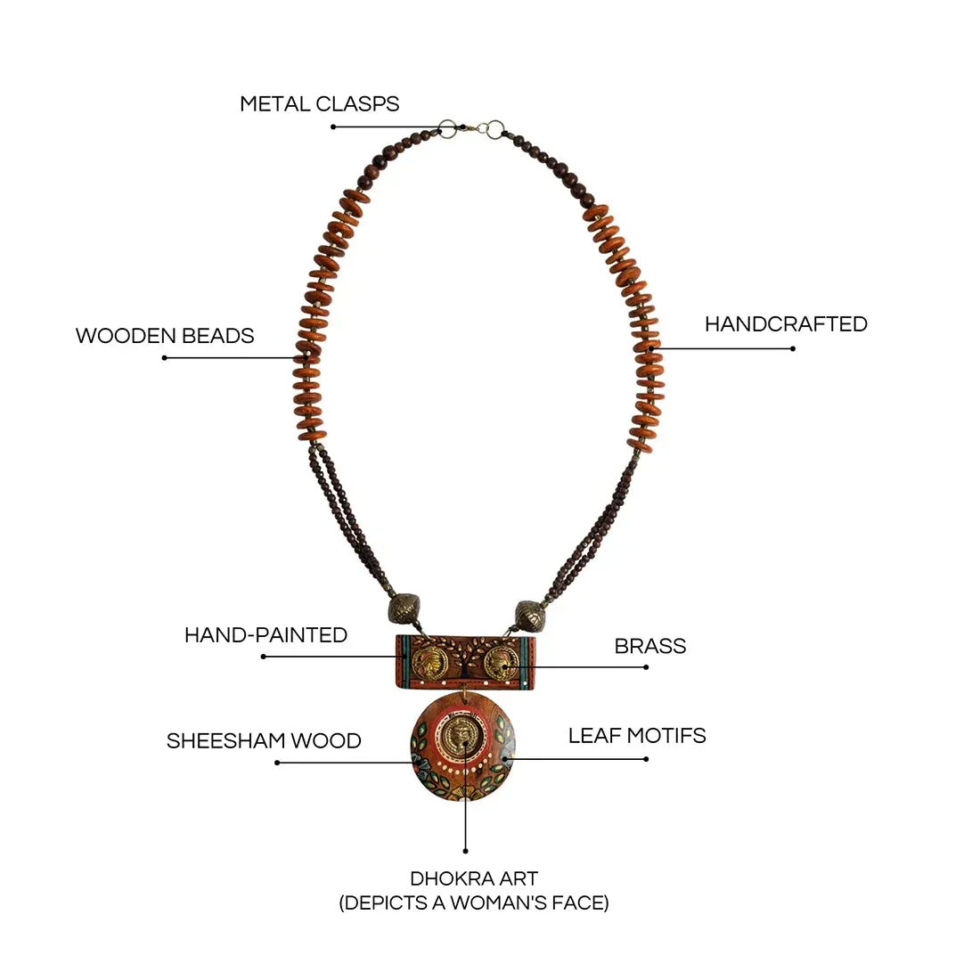 'Tribal Community' Bohemian Beaded Sheesham Wooden & Brass Necklace (Dhokra Art, Handcrafted & Hand-Painted)