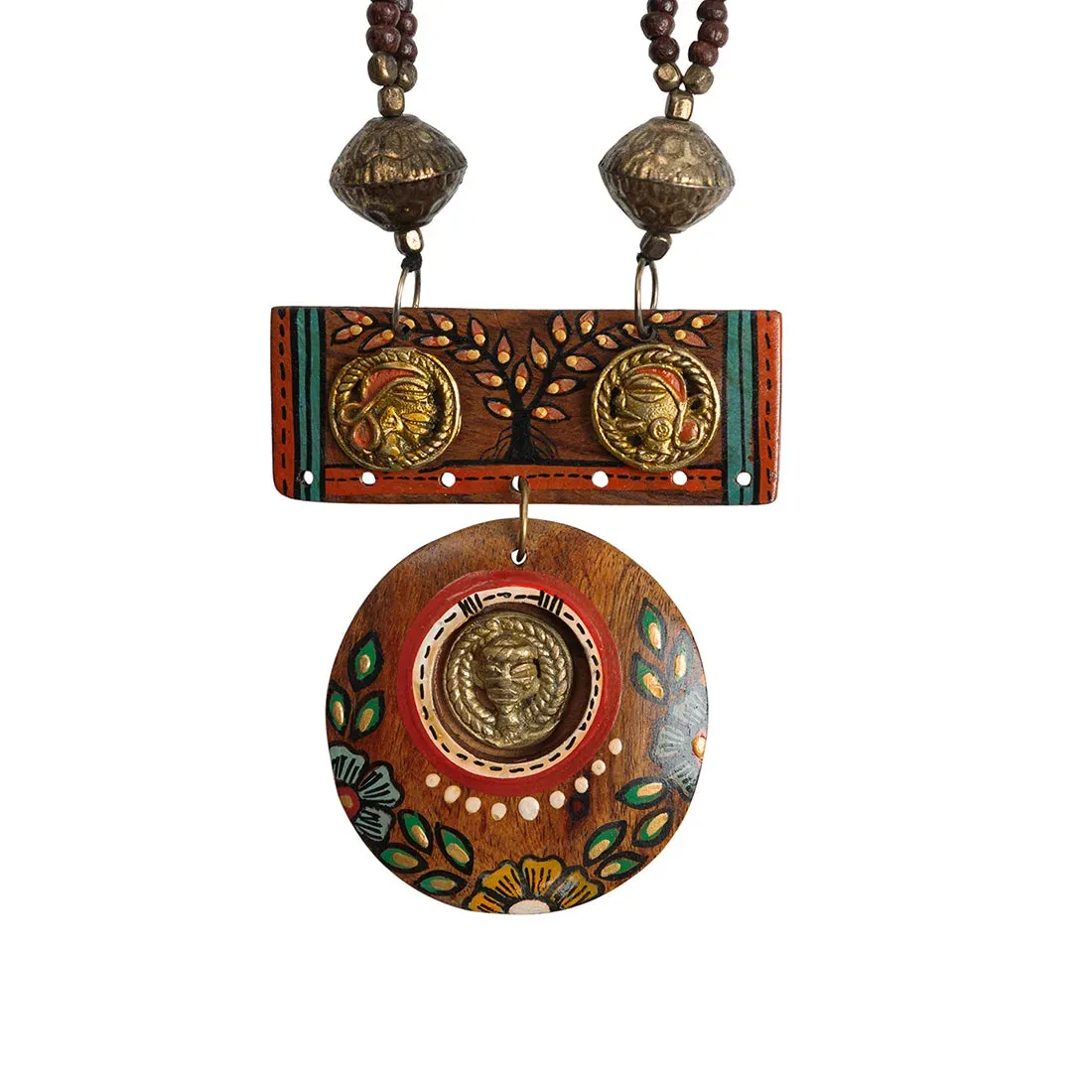 'Tribal Community' Bohemian Beaded Sheesham Wooden & Brass Necklace (Dhokra Art, Handcrafted & Hand-Painted)