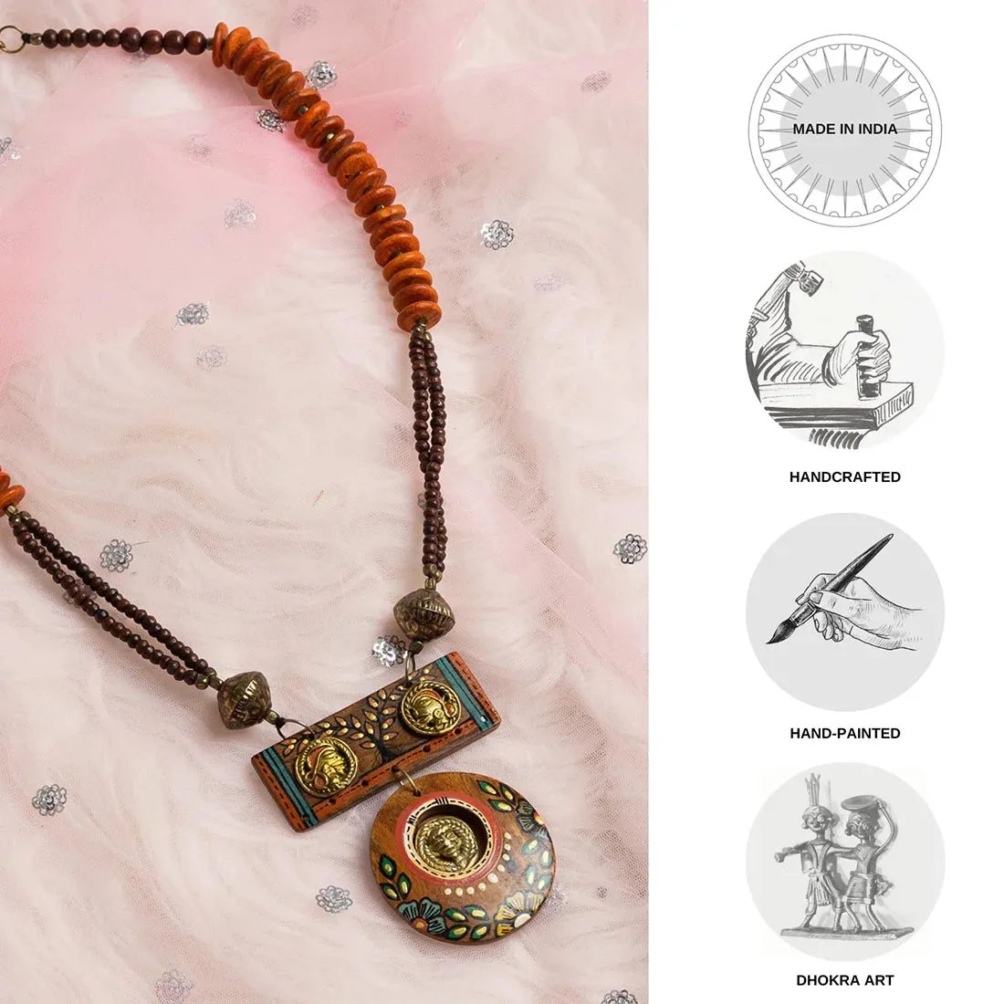 'Tribal Community' Bohemian Beaded Sheesham Wooden & Brass Necklace (Dhokra Art, Handcrafted & Hand-Painted)