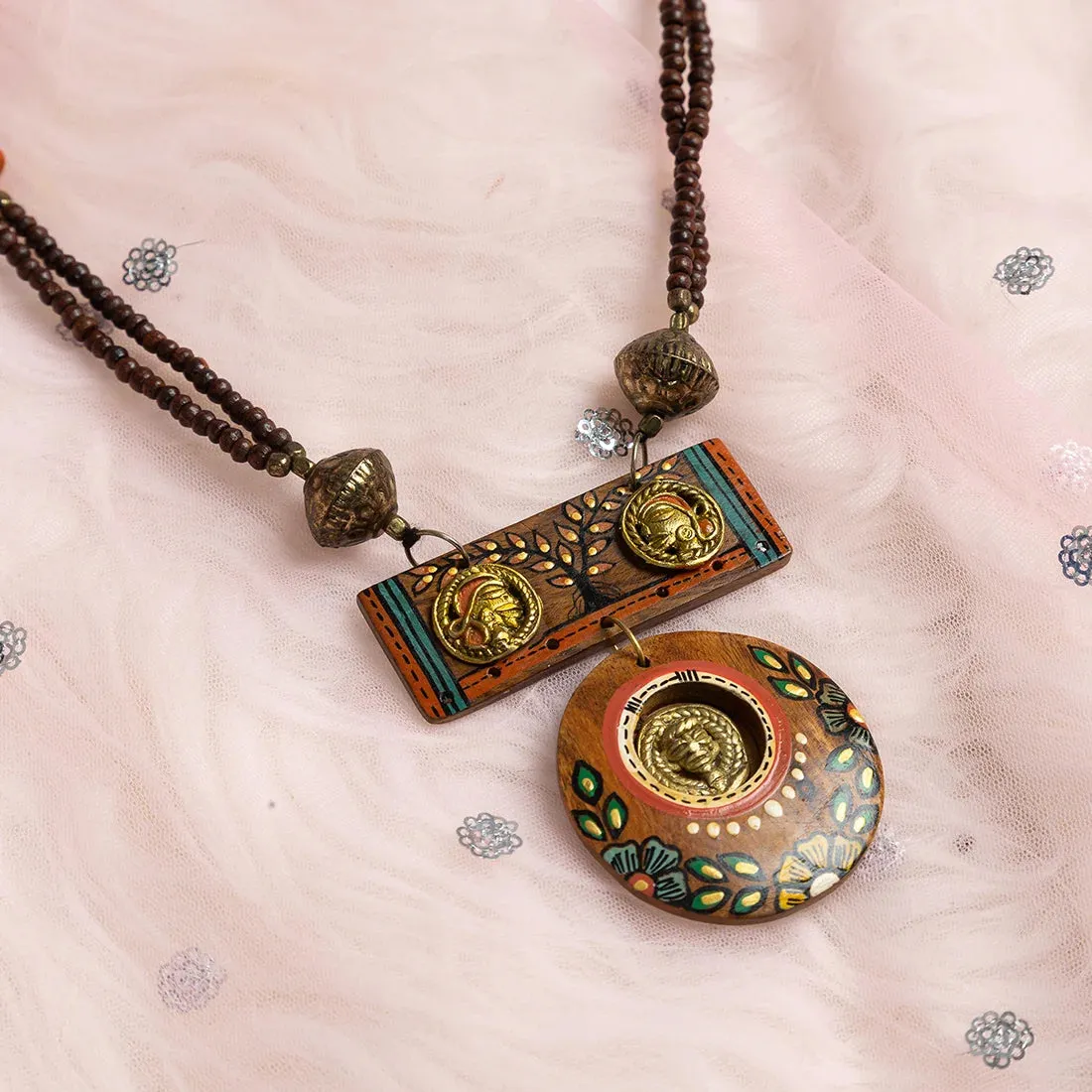 'Tribal Community' Bohemian Beaded Sheesham Wooden & Brass Necklace (Dhokra Art, Handcrafted & Hand-Painted)
