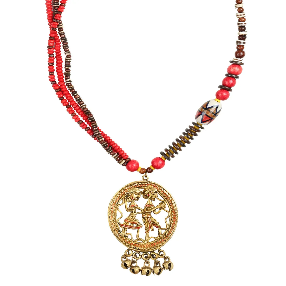 'Tribal Couple Beaded' Bohemian Brass Necklace Handcrafted In Dhokra Art (Matinee)
