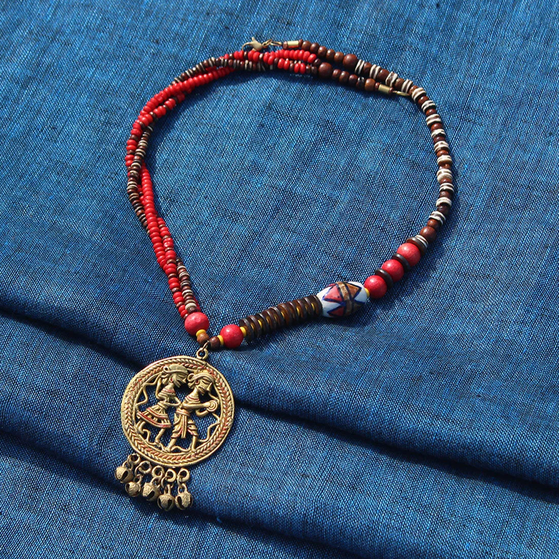 'Tribal Couple Beaded' Bohemian Brass Necklace Handcrafted In Dhokra Art (Matinee)