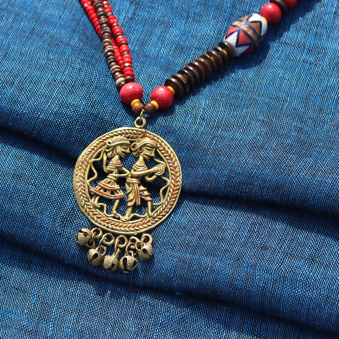 'Tribal Couple Beaded' Bohemian Brass Necklace Handcrafted In Dhokra Art (Matinee)
