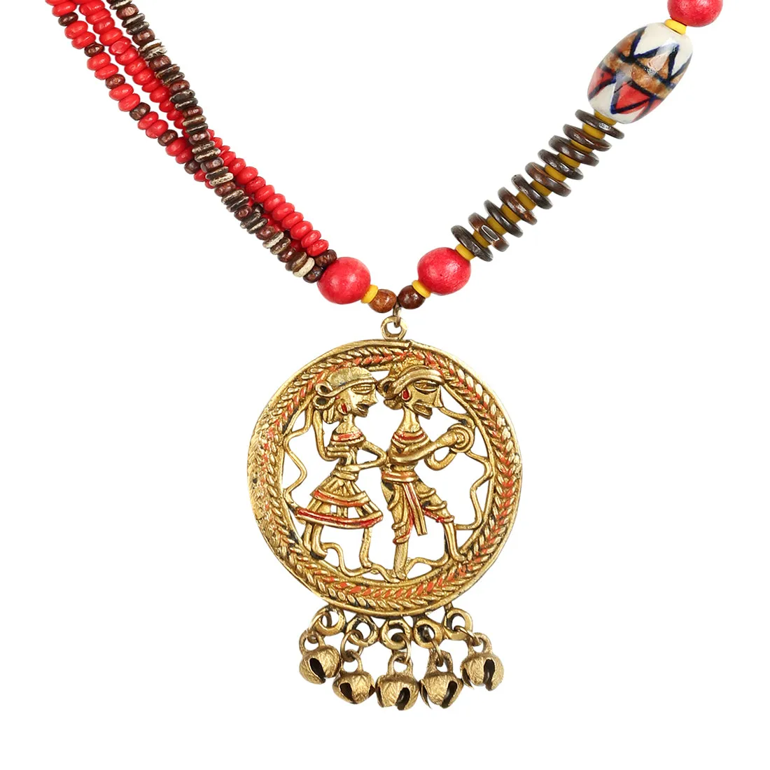 'Tribal Couple Beaded' Bohemian Brass Necklace Handcrafted In Dhokra Art (Matinee)