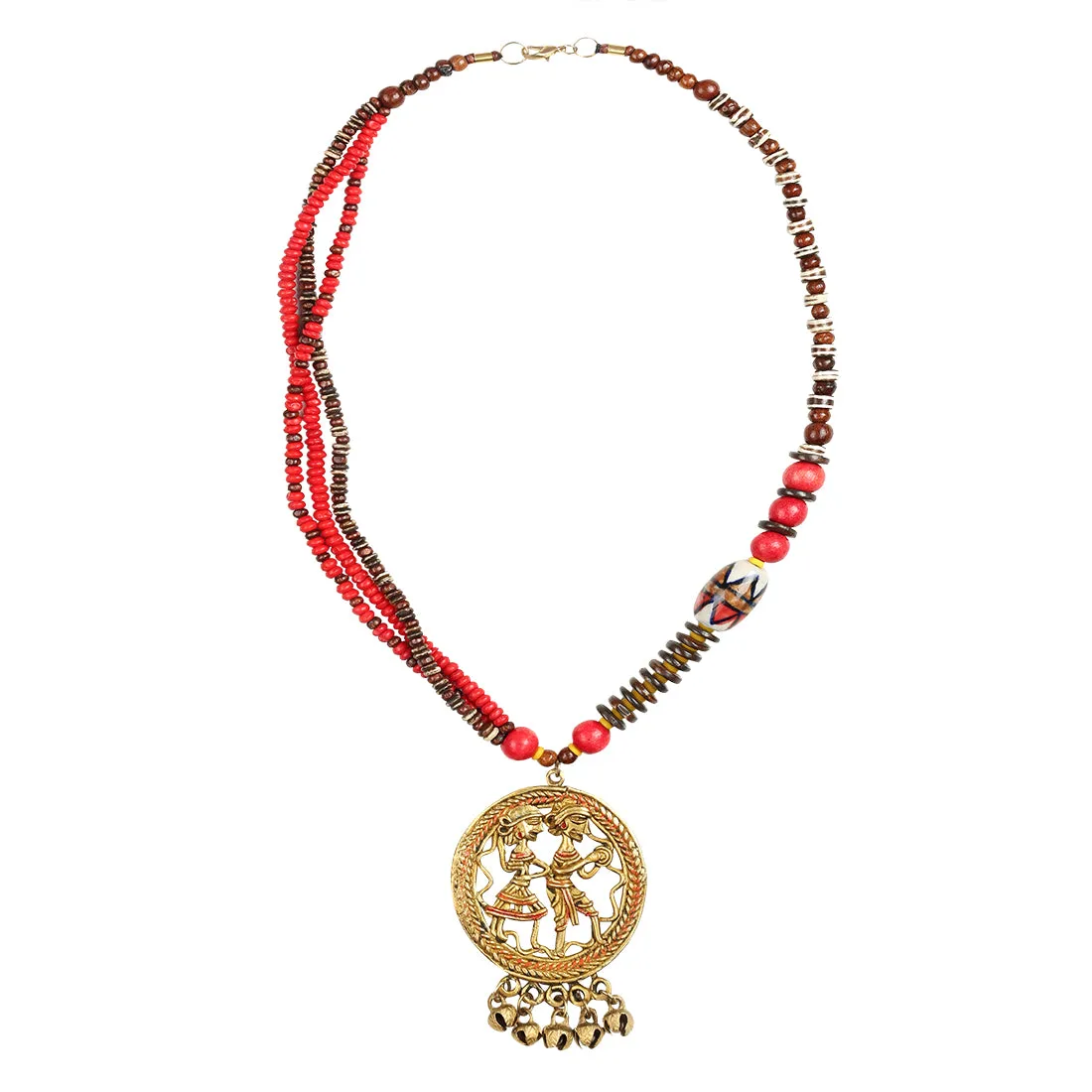 'Tribal Couple Beaded' Bohemian Brass Necklace Handcrafted In Dhokra Art (Matinee)