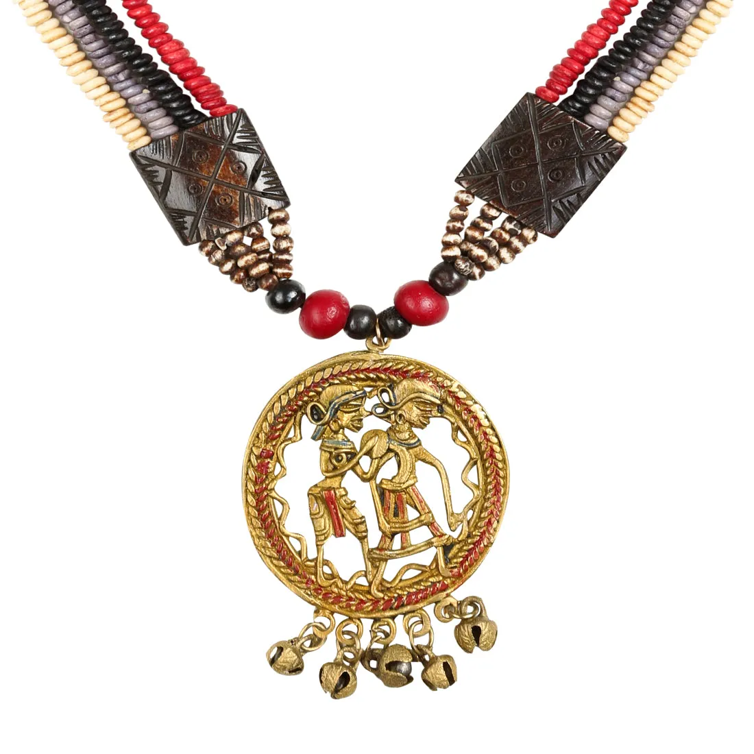 'Tribal Couple Carved' Bohemian Brass Necklace Handcrafted In Dhokra Art (Matinee)