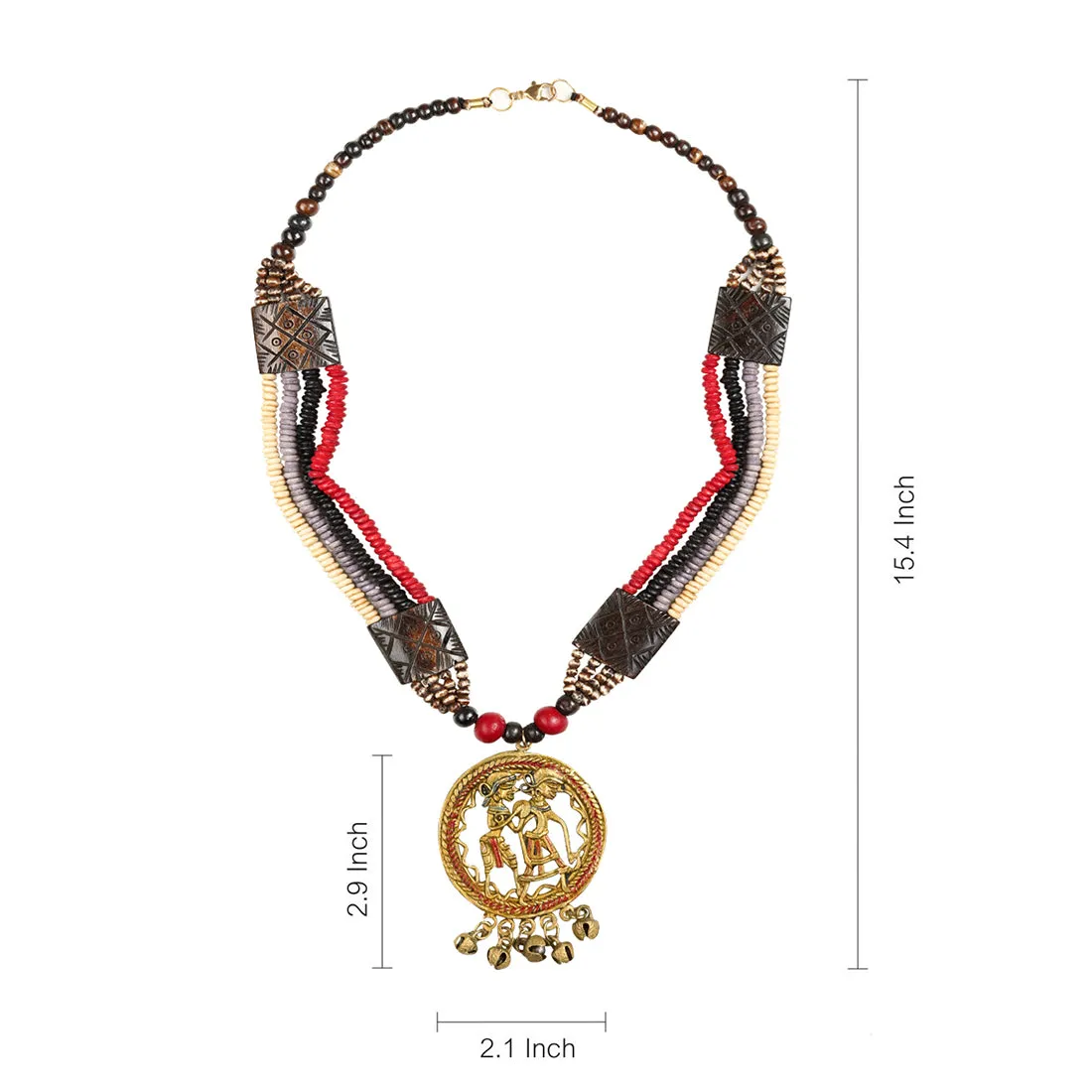 'Tribal Couple Carved' Bohemian Brass Necklace Handcrafted In Dhokra Art (Matinee)