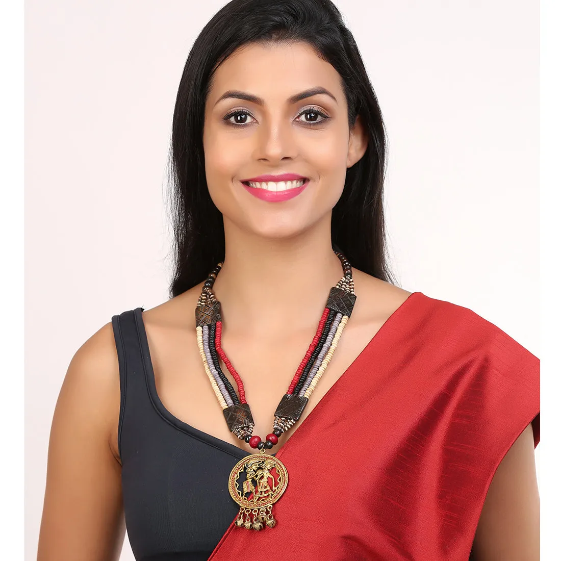 'Tribal Couple Carved' Bohemian Brass Necklace Handcrafted In Dhokra Art (Matinee)