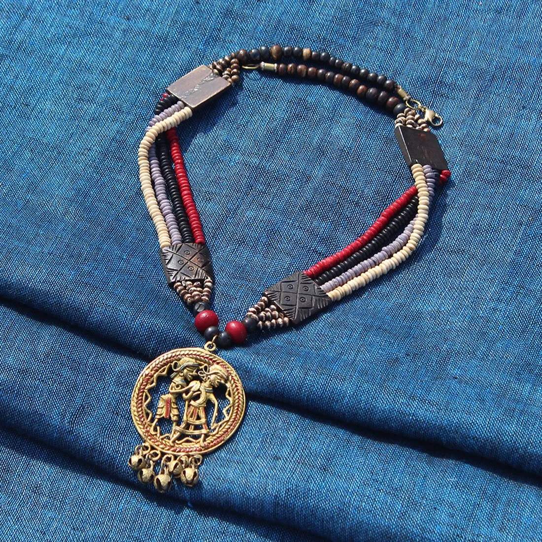'Tribal Couple Carved' Bohemian Brass Necklace Handcrafted In Dhokra Art (Matinee)