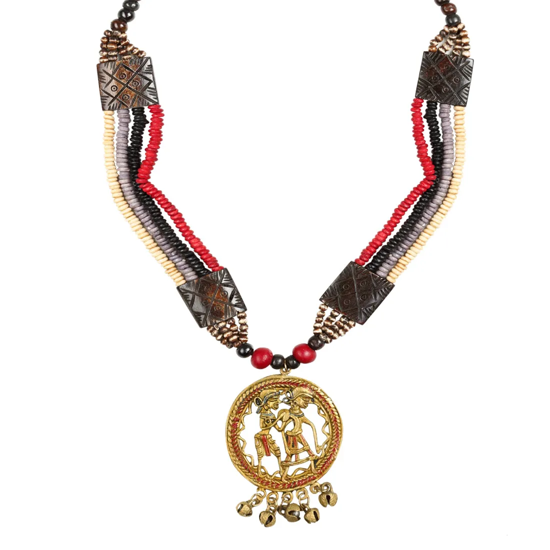 'Tribal Couple Carved' Bohemian Brass Necklace Handcrafted In Dhokra Art (Matinee)