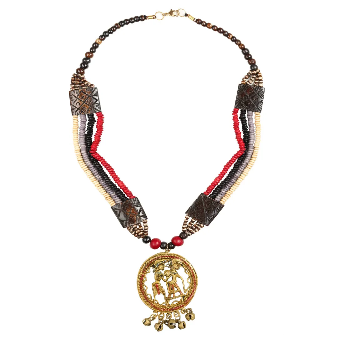'Tribal Couple Carved' Bohemian Brass Necklace Handcrafted In Dhokra Art (Matinee)