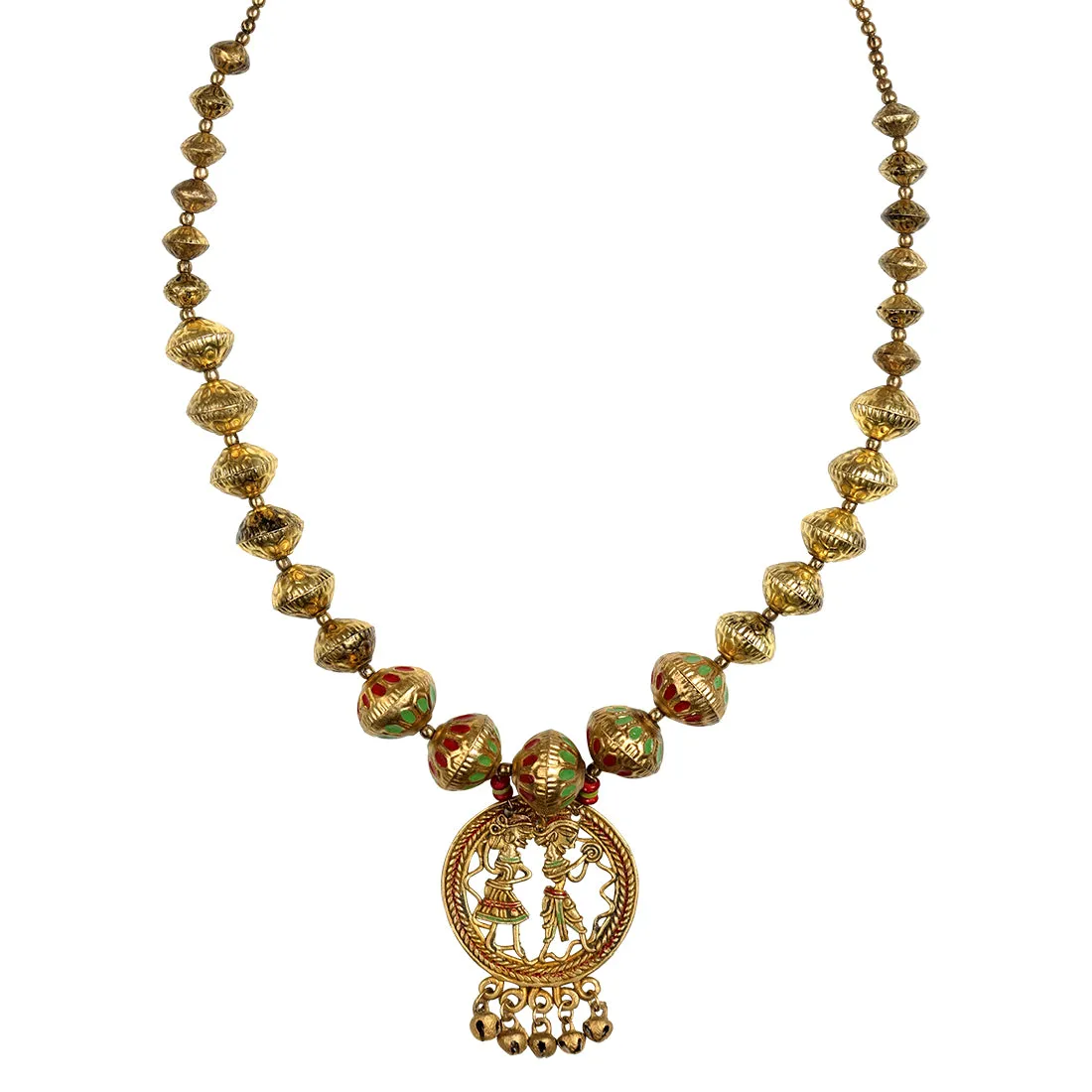 'Tribal Couple Orbs' Bohemian Brass Necklace Handcrafted In Dhokra Art (Matinee)