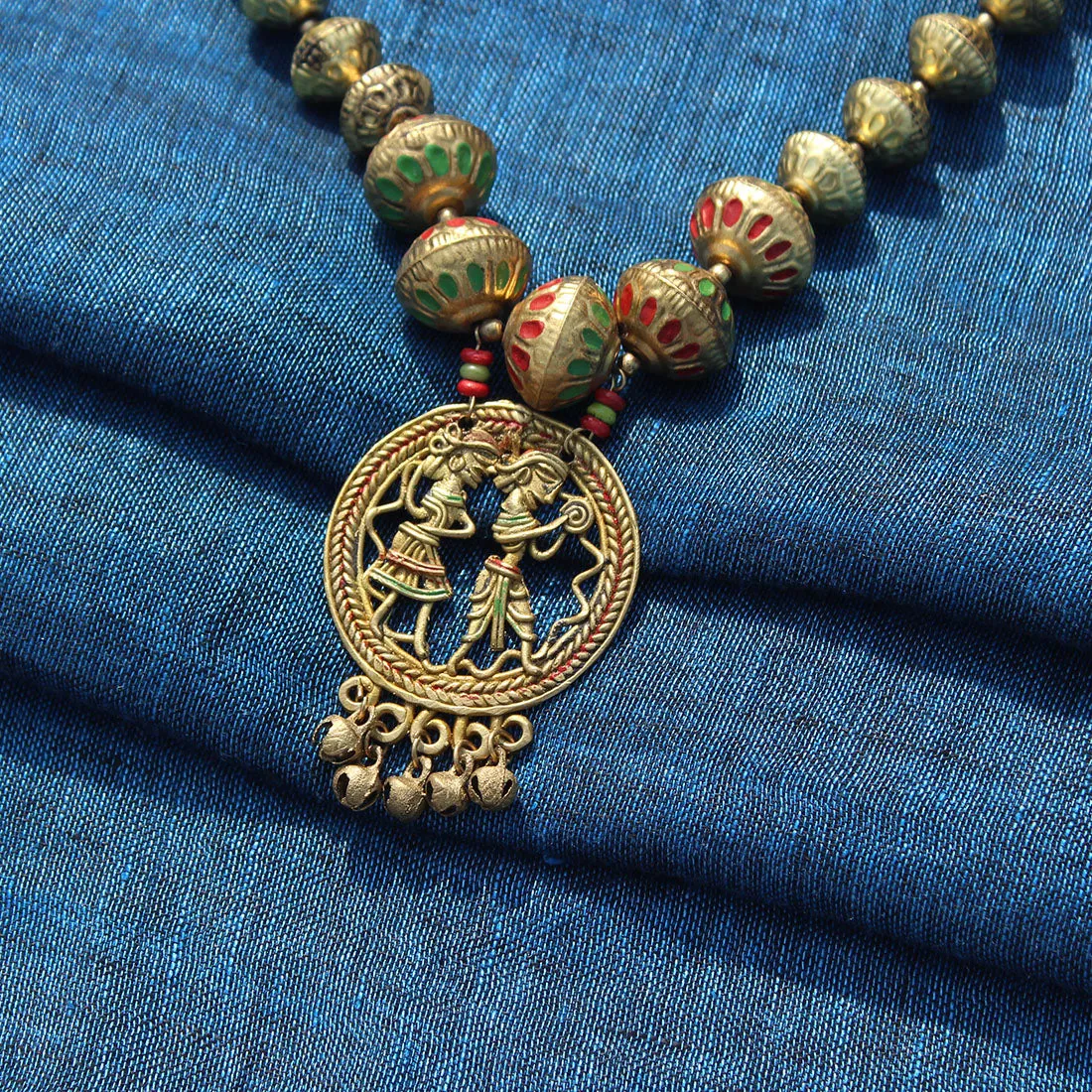'Tribal Couple Orbs' Bohemian Brass Necklace Handcrafted In Dhokra Art (Matinee)