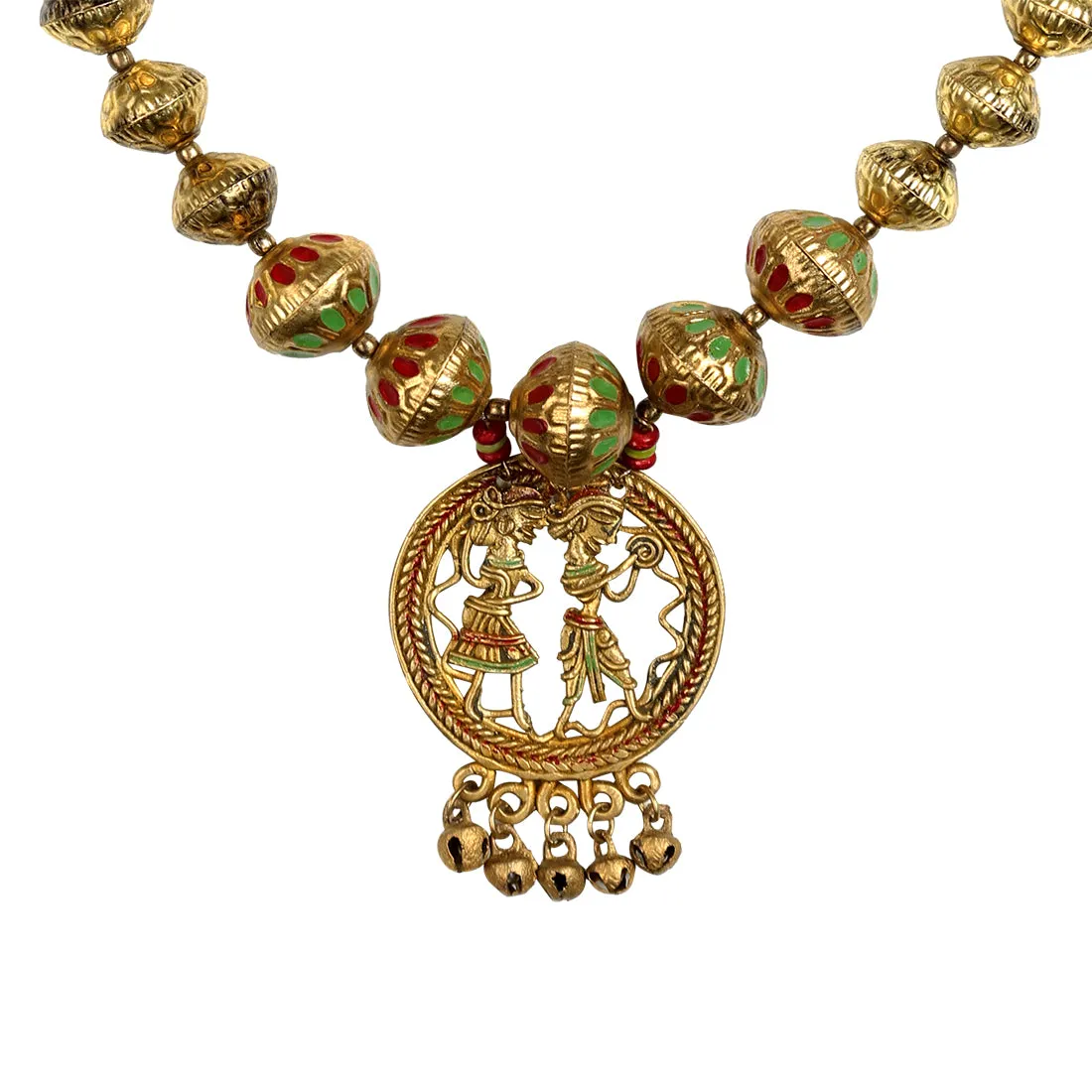 'Tribal Couple Orbs' Bohemian Brass Necklace Handcrafted In Dhokra Art (Matinee)