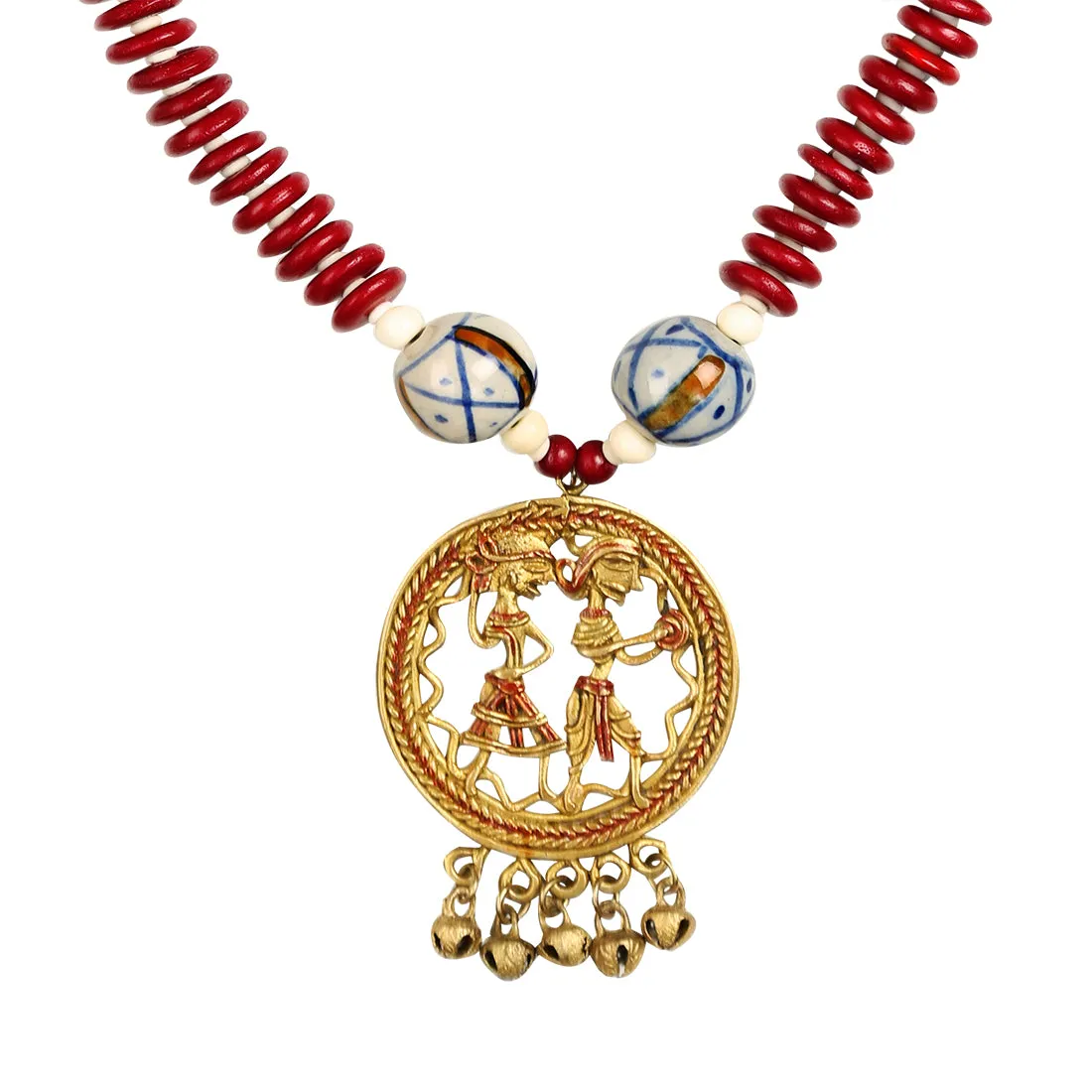 'Tribal Couple Rounds' Bohemian Brass Necklace Handcrafted In Dhokra Art (Matinee)