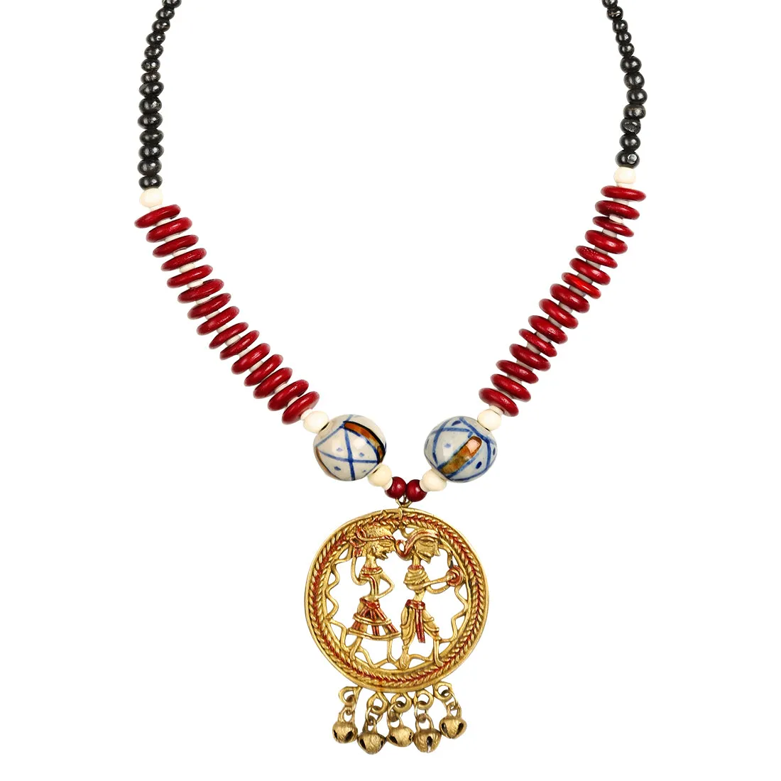 'Tribal Couple Rounds' Bohemian Brass Necklace Handcrafted In Dhokra Art (Matinee)
