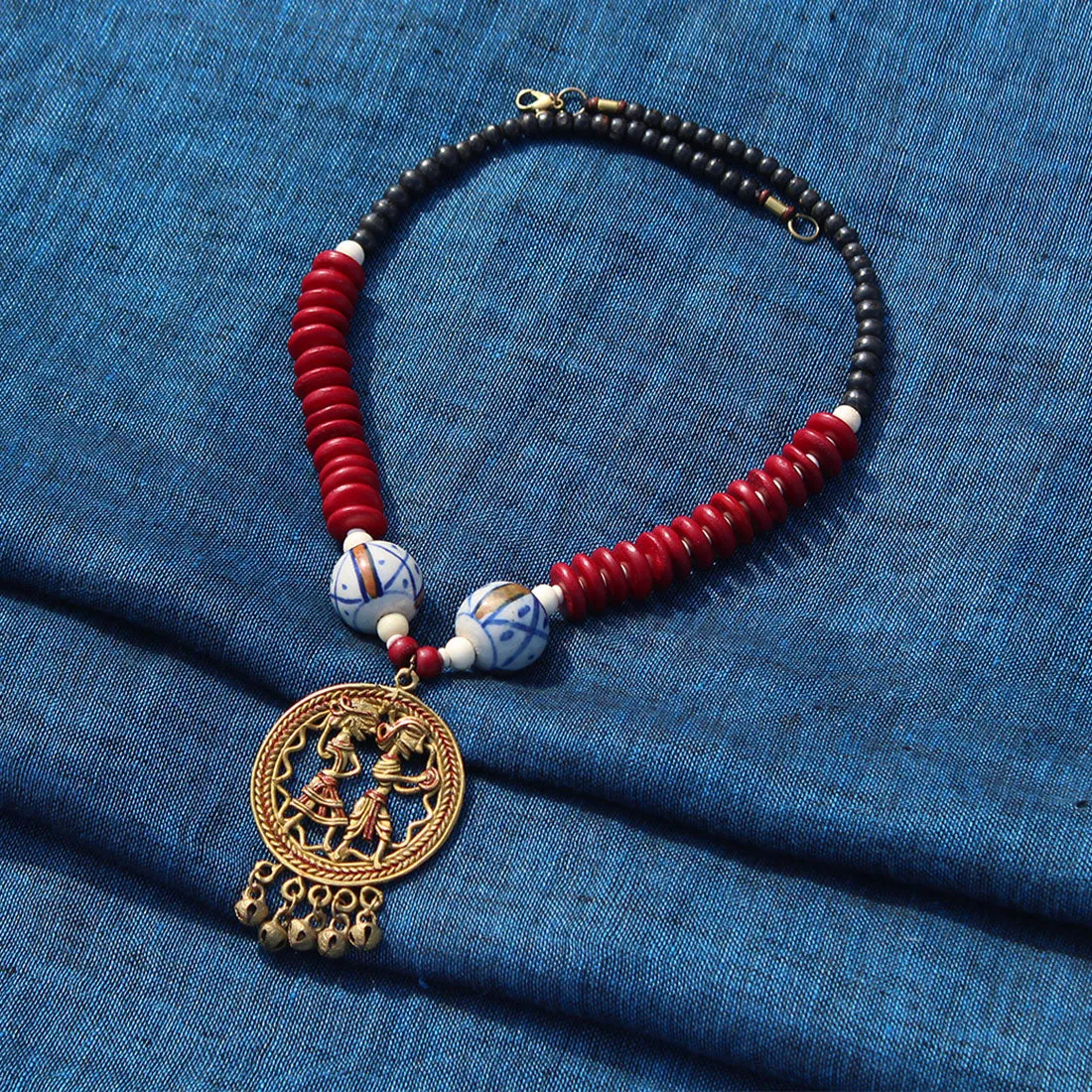 'Tribal Couple Rounds' Bohemian Brass Necklace Handcrafted In Dhokra Art (Matinee)