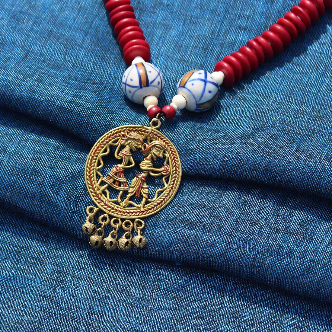 'Tribal Couple Rounds' Bohemian Brass Necklace Handcrafted In Dhokra Art (Matinee)