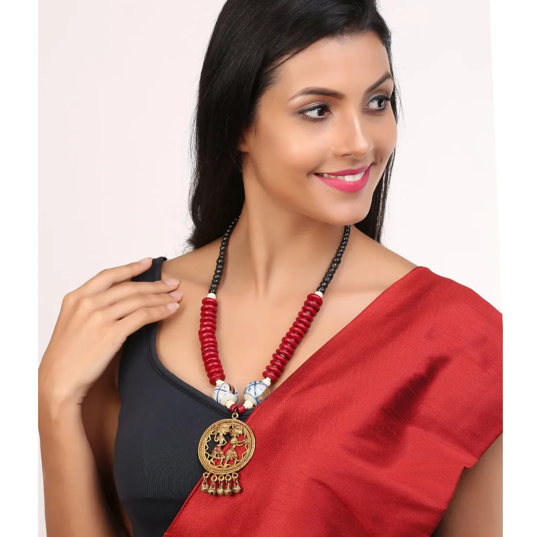 'Tribal Couple Rounds' Bohemian Brass Necklace Handcrafted In Dhokra Art (Matinee)
