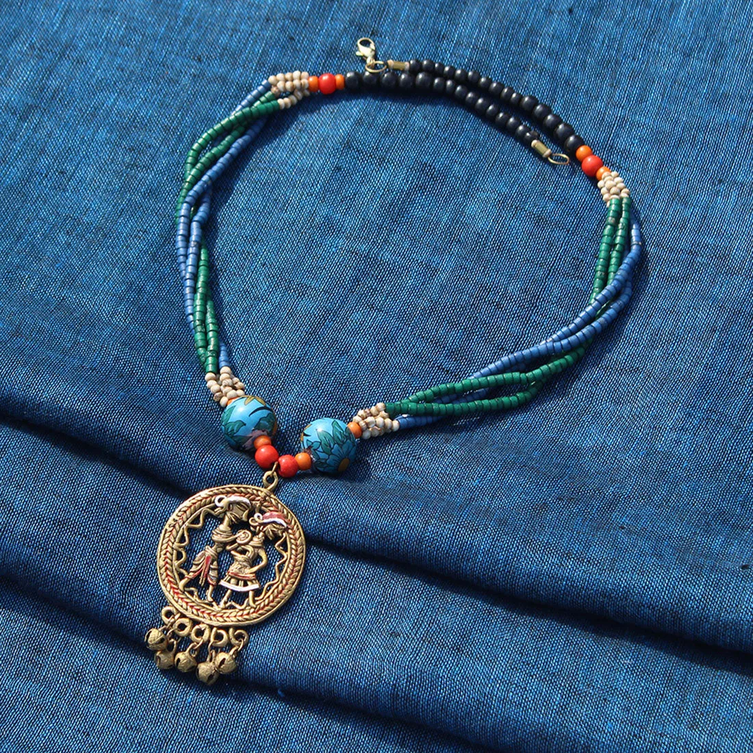 'Tribal Couple Strands' Bohemian Brass Necklace Handcrafted In Dhokra Art (Matinee)